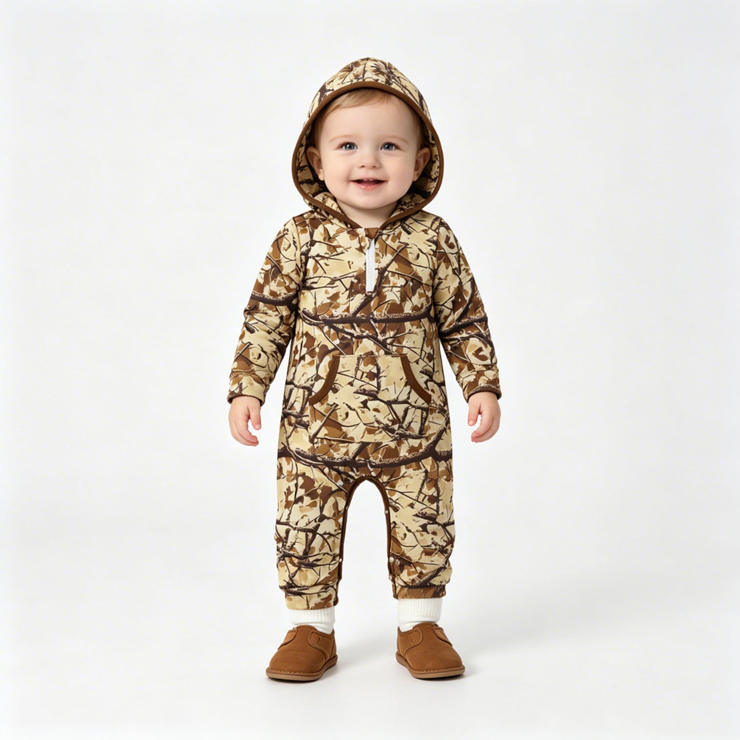 LR3033 RTS NO MOQ milk silk （In stock）Baby Boys Leaves Camo Half Zip Pockets Pant Fall Hoodie Rompers