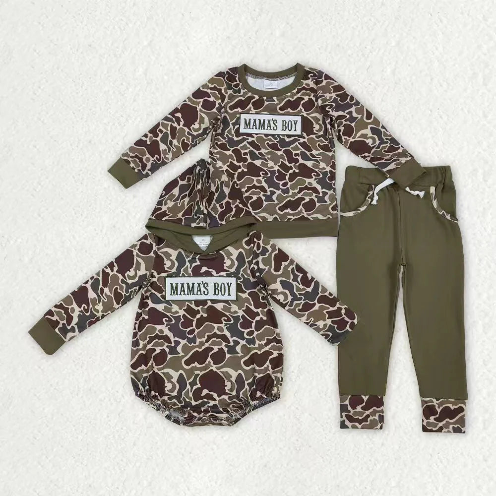 12.4 RTS Sibling Baby Boys Embroidery Mama's Boy Dark Khaki Camo Pockets Pant Clothes Sets Hoodie Romper