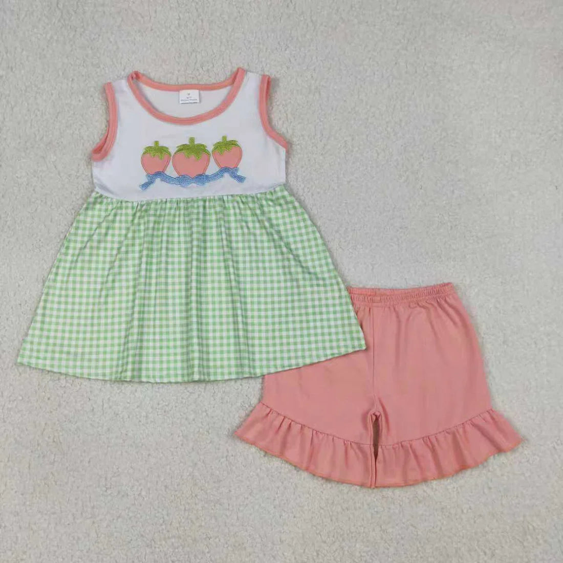 1.8 RTS Sibling Baby Girls Embroidery Bows Strawberry Tunic Ruffle Shorts Clothes Set Rompers