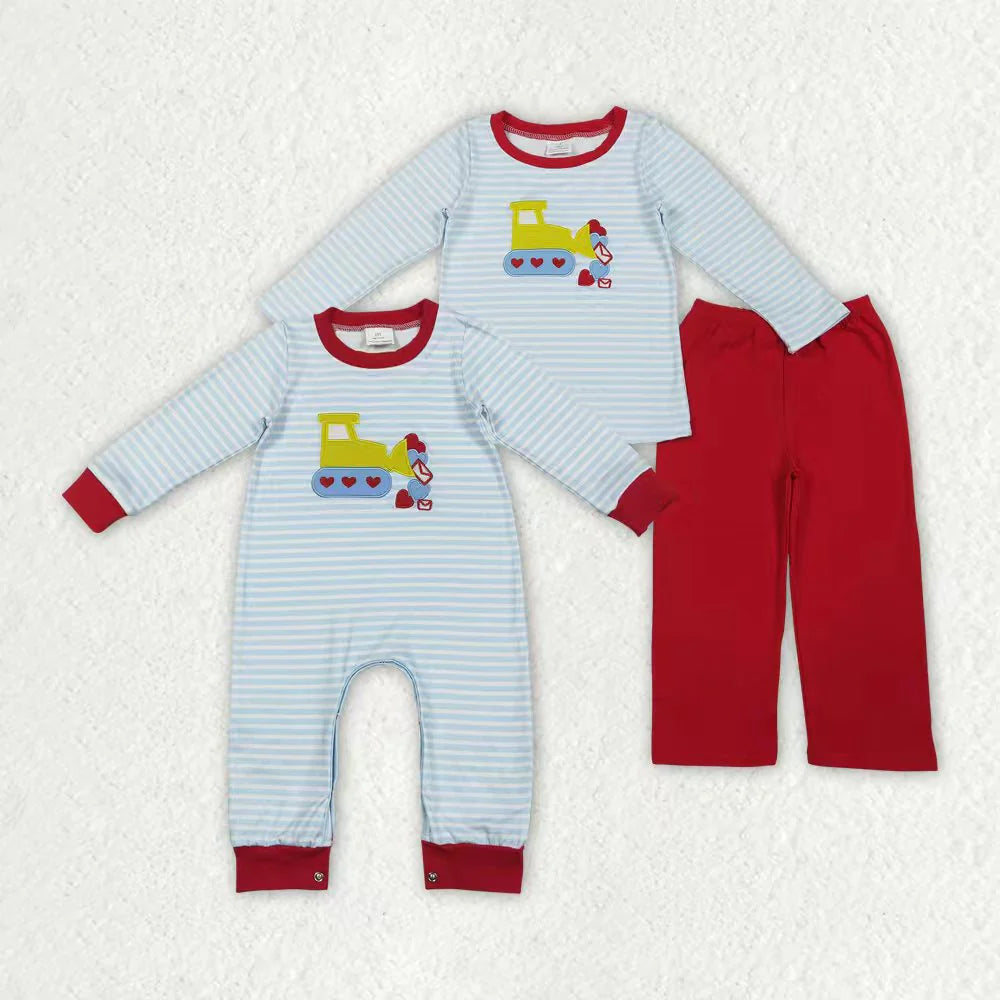 11.22 RTS Sibling Baby Boys Embroidery Hearts Excavators Stripe Pants Valentines Clothes Set Footie Rompers
