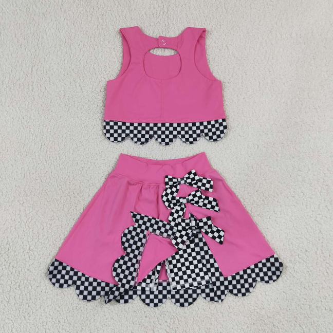 GSD3926 RTS NO MOQ （In stock）Baby Girls Pink Sleeveless Vests Top Bows Short Yoga Active Scallop Clothes Set