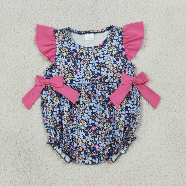 SR4126 RTS NO MOQ （In stock）Baby Girls Colorful Flower Print Flutter Sleeve Ruffle Rompers