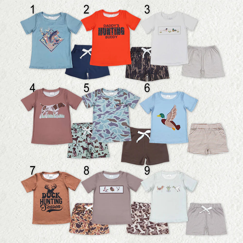 12.19 RTS Sibling Baby Boys Short Sleeve Dogs Ducks Fishing Print Top Shorts Hunting Clothes Sets