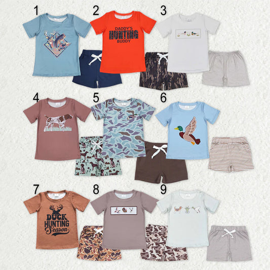 12.19 RTS Sibling Baby Boys Short Sleeve Dogs Ducks Fishing Print Top Shorts Hunting Clothes Sets