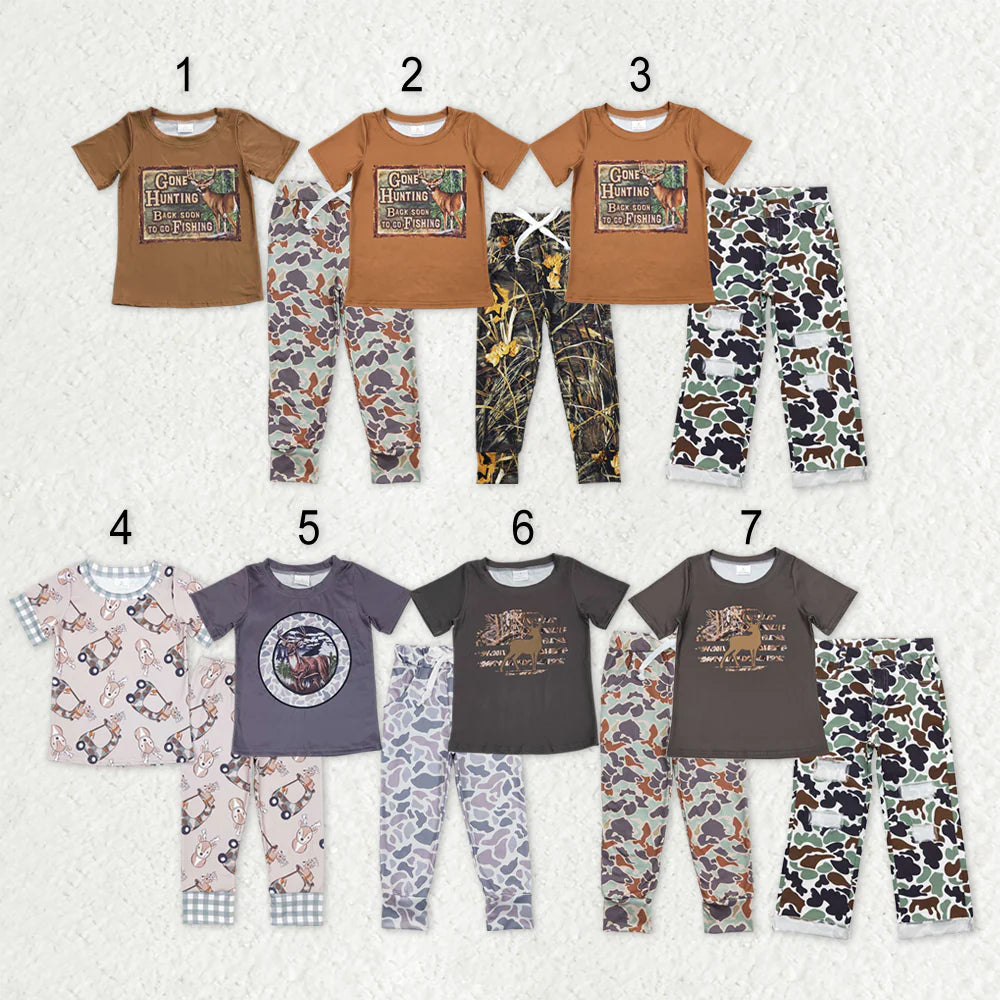 12.18 RTS Sibling Baby Boys Deer Fishing Top Camo Pockets Pants Hunting Pajamas Clothes Sets