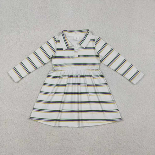 11.8 RST Sibling Baby Boys Girls Mardigras Stripe Button Knee Length Dresses Polo Shirts Top