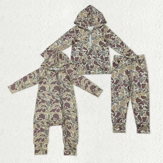 12.2 RTS Sibling Baby Boys Southern Khaki Camo Hoodies Pockets Pants Set Zipper Convertible Rompers