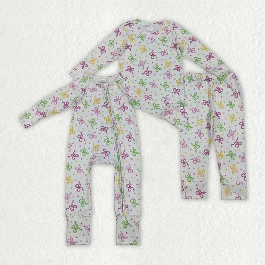 12.2 RTS Sibling Baby Girls Mardigras Bows Polka Dots Pants Pajamas Set Zipper Convertible Rompers