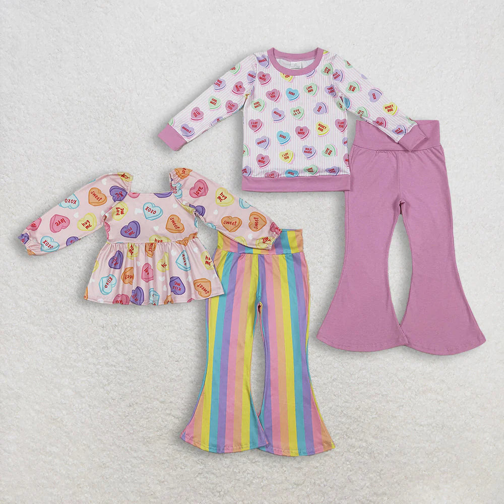 12.12 RTS Sibling Baby Girls Long Sleeve XOXO Hearts Top Bell Bottom Pants Valentines Clothes Sets