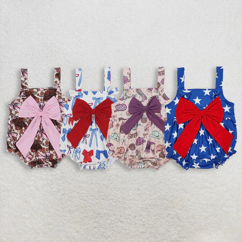 3.20 RTS Sibling Baby Girls Strap Western Cows 4th of July Bow Top Ruffle Rompers