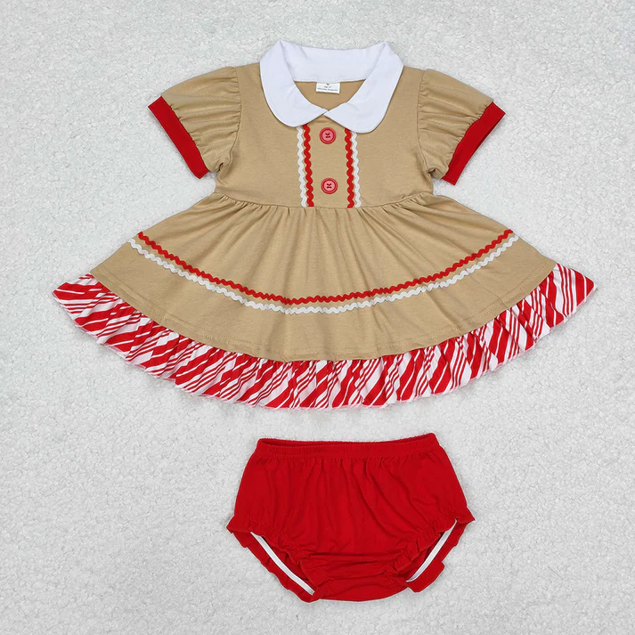 Red Striped Skirt Khaki Baby Collar Button Short Sleeve Dress & Short Sleeve Thong Set