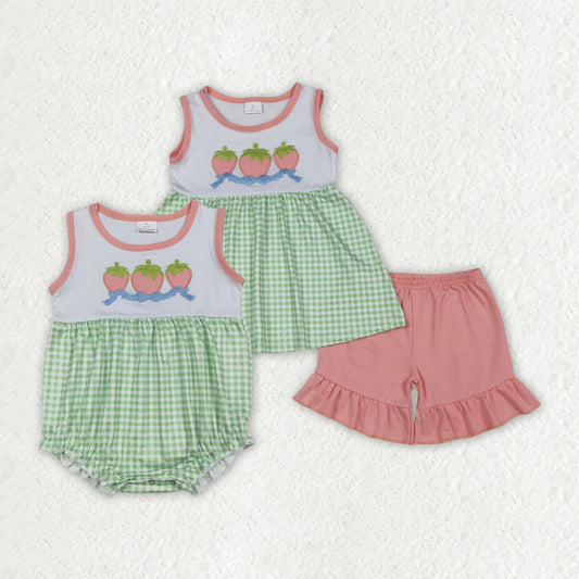 1.8 RTS Sibling Baby Girls Embroidery Bows Strawberry Tunic Ruffle Shorts Clothes Set Rompers