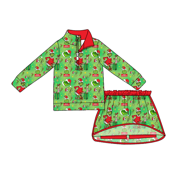 Pre order No Moq Baby Girls Cute Long Sleeve Zip Top Skirt Short Christmas Clothes Sets