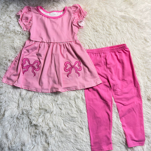 12.9 RST GSPO2150 Embroidery Bows Baby Girls Pink Stripe Tunic Leggings Pant Clothes Sets