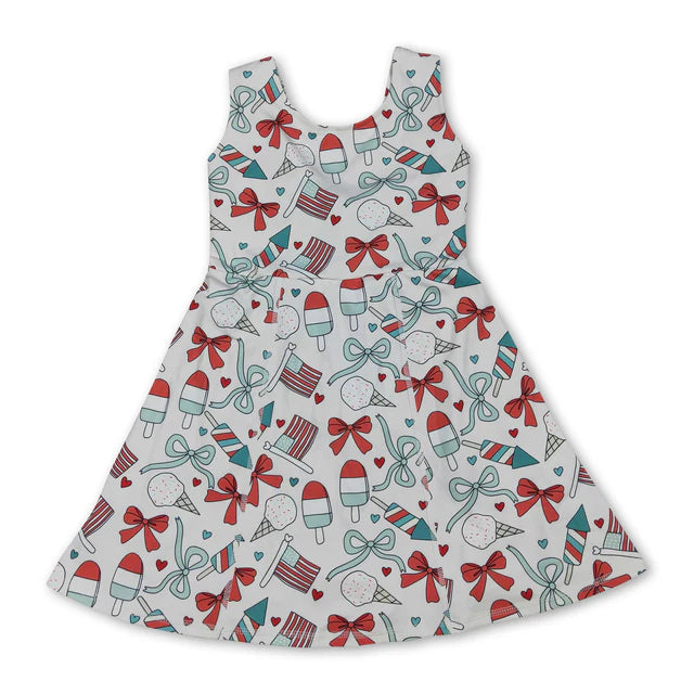 RTS Sibling Sleeveless floral flag bow girls 4th of july athletic dresses