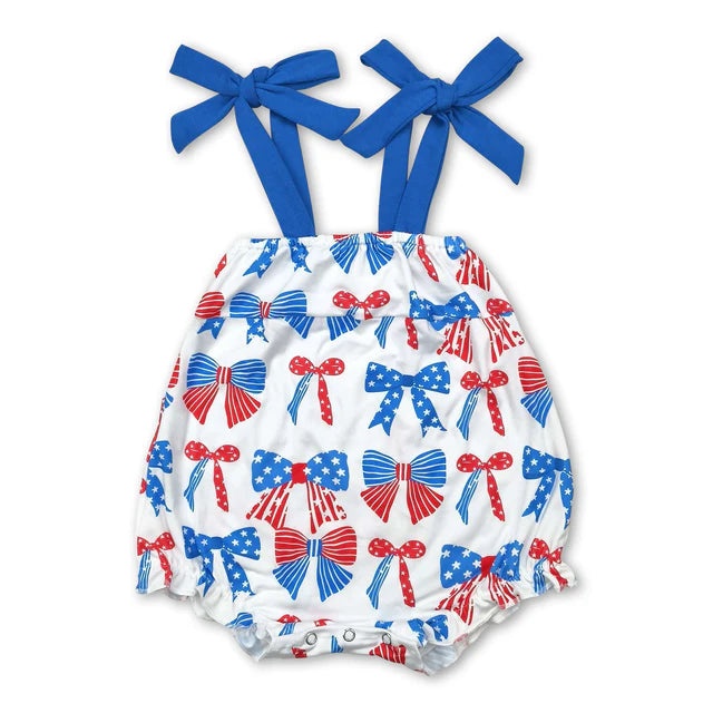 RTS Sibling Straps stars stripe bow baby girls 4th of july romper