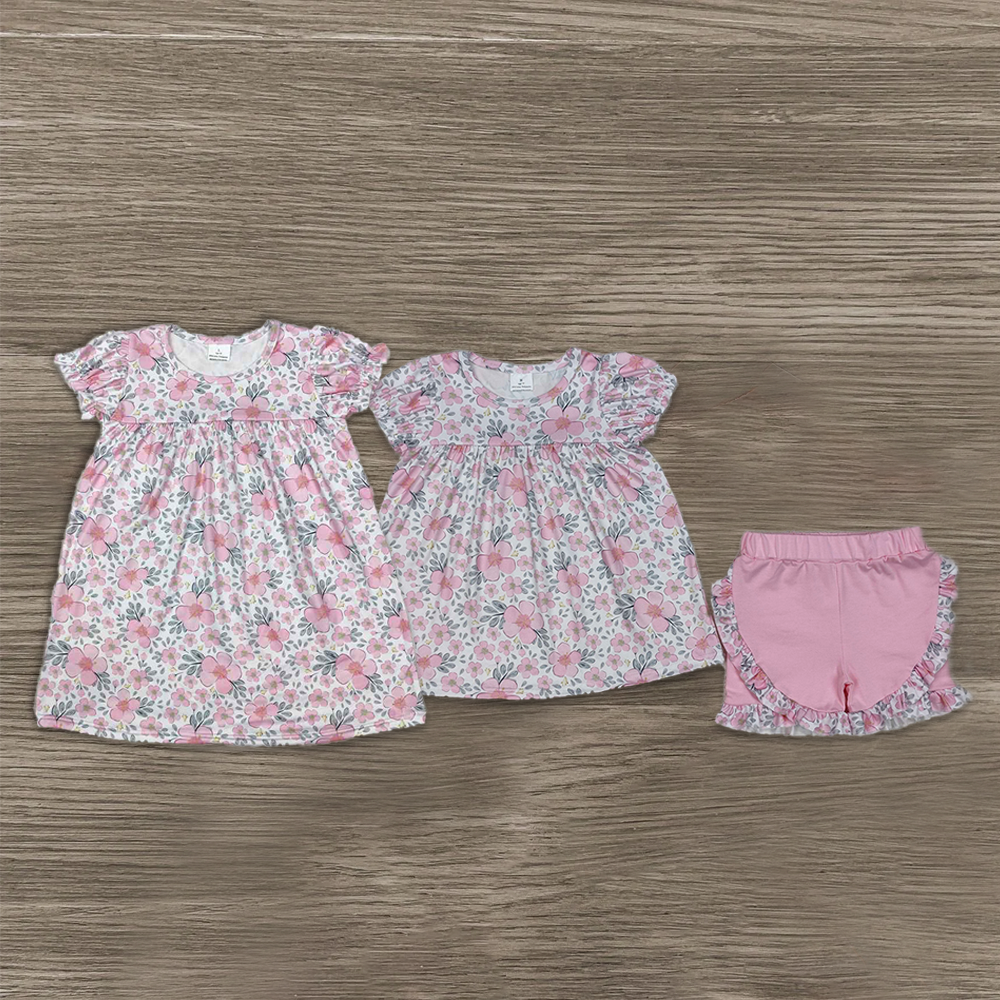 6.04   New Rts No Moq 8-9 Days By Air Arrived it Girls Outfit Short Sleeve Pink Floral Tunic Top with Ruffle Shorts Set Cute Children's Clothing for Ages 5-12