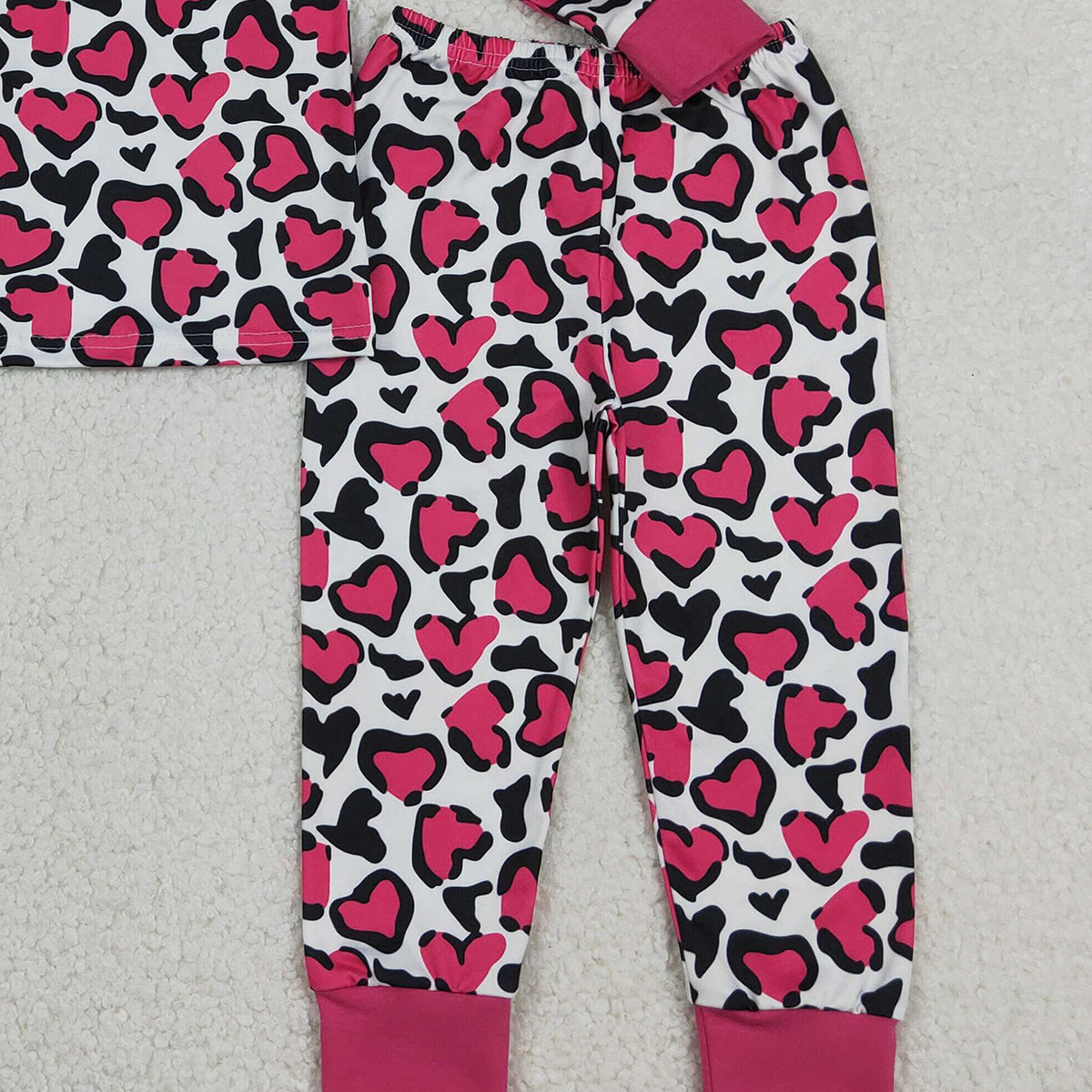 12.20 RTS NO MOQ （In stock）GLP2825 Baby Girls Hot Pink Hearts Leopard Top Pants Valentines Pajamas Sets