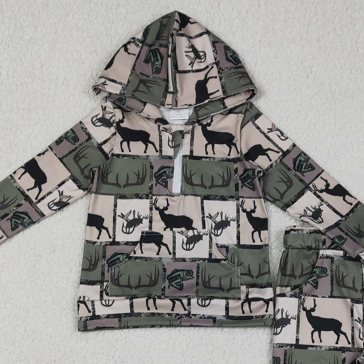 12.16 RTS NO MOQ （In stock）BLP1368 Baby Boys Deer Fishes Checked Zip Pockets Hoodies Pants Hunting Clothes Sets