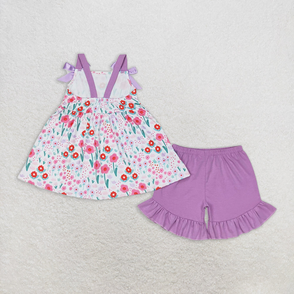 GSSO0992 RTS NO MOQ Baby Girls Summer Outfits Flower purple lace bow sleeveless shorts set
