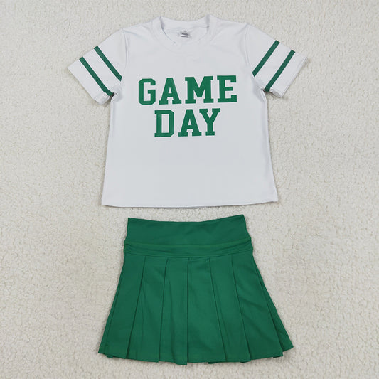 RTS NO MOQ （In stock）GT1103+GLK0126 Baby Girls Summer Outfits Baby Girls Green Game Day Yoga Avtive Team Tee Shirts Top Baby Girls Green Yoga Skorts Pleated Skirts Bottom Sets