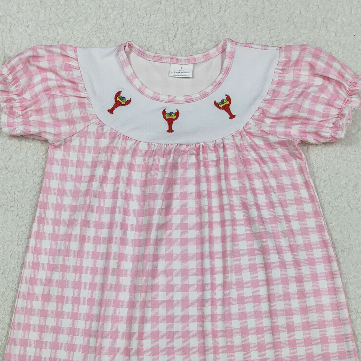 11.5 RTS NO MOQ （In stock）GSD2853 Embroidery Crayfishes Baby Girls Pink Checked Knee Length Dresses