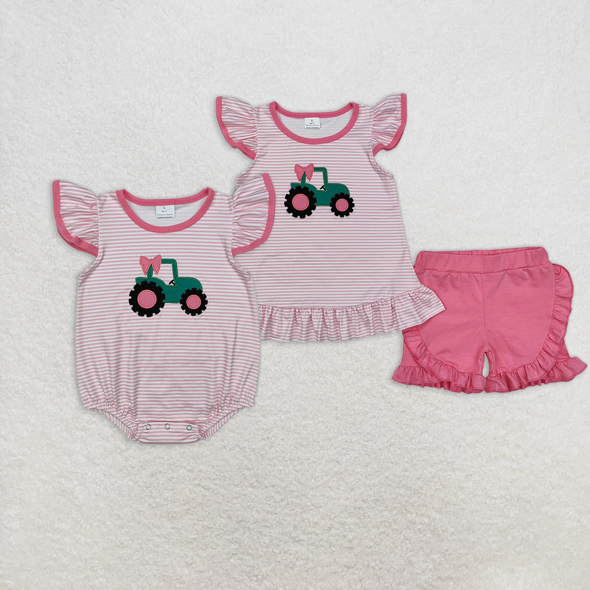 7.18   RTS NO MOQ Pink stripe flutter sleeves tractor kids girls farm outfits rompers