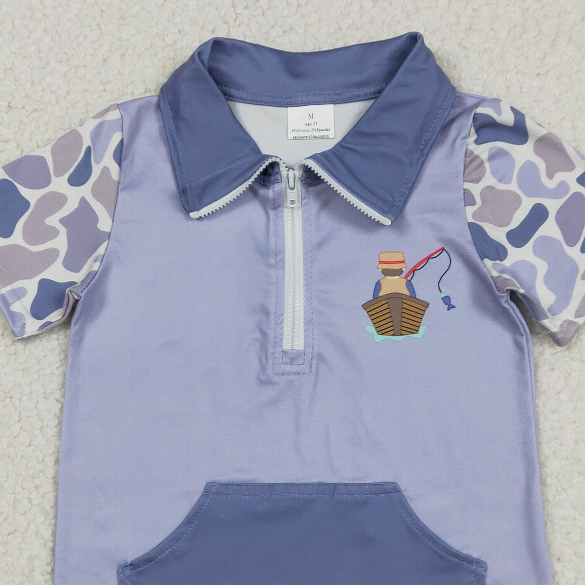 12.27 RTS NO MOQ （In stock）BT1533 Baby Boys Blue Camo Short Sleeve Fishing Zipper Pockets Hunting Pullovers Top
