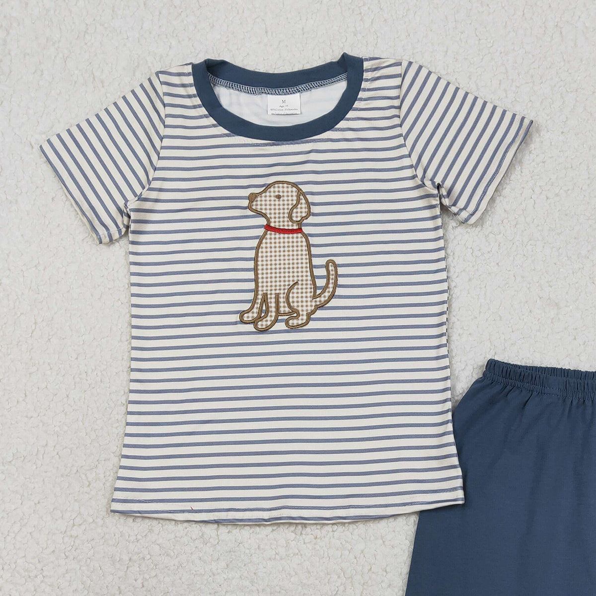1.17 RTS NO MOQ （In stock）BSSO1745 Embroidery Dogs Baby Boys Stripe Top Shorts Hunting Clothes Sets
