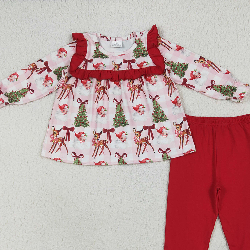 GLP2419 RTS NO MOQ Baby Girls Winter Outfits Baby Girls Red Long Sleeves Santa Trees Plaid Tunic Ruffle Pant Set