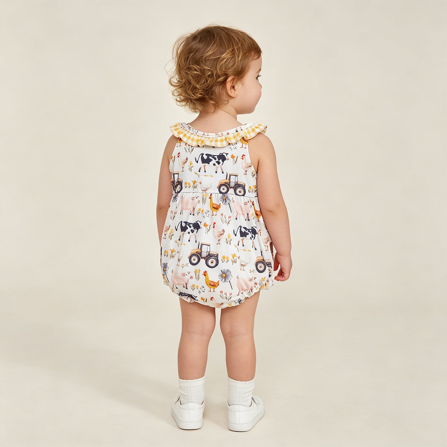 SR3848 RTS NO MOQ （In stock）Yellow plaid ruffle sleeveless farm baby girls romper