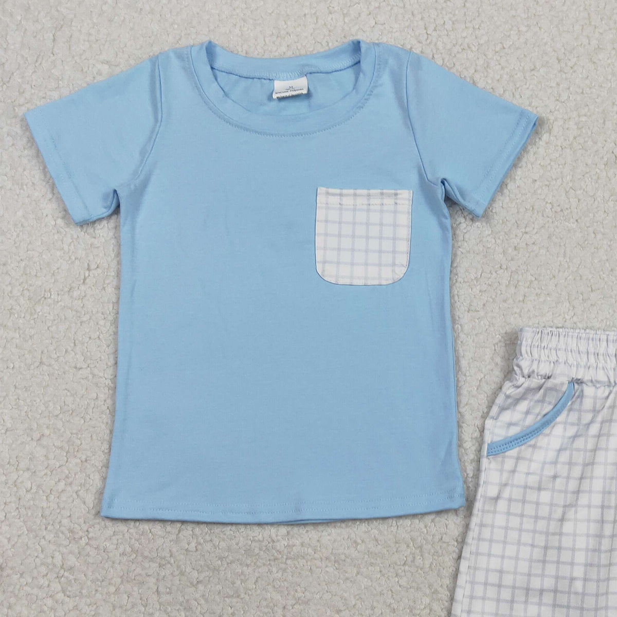 2.3 RTS NO MOQ （In stock）BSSO1762 Baby Boys Blue Short Sleeve Shirts Top Checked Pockets Shorts Clothes Sets