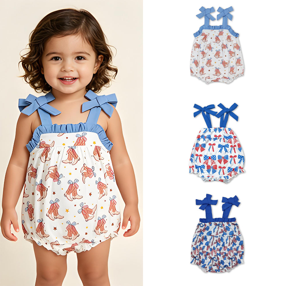 RTS Sibling Straps stars stripe bow baby girls 4th of july romper