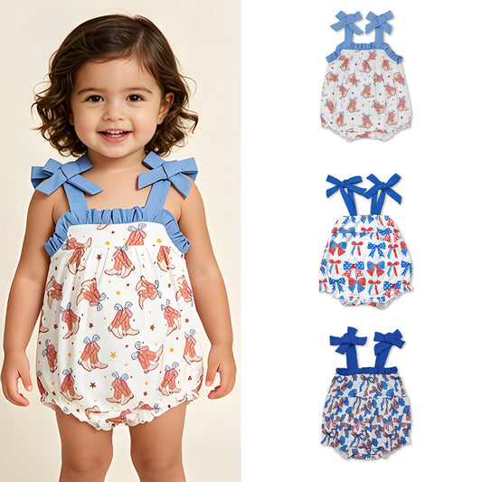 RTS Sibling Straps stars stripe bow baby girls 4th of july romper