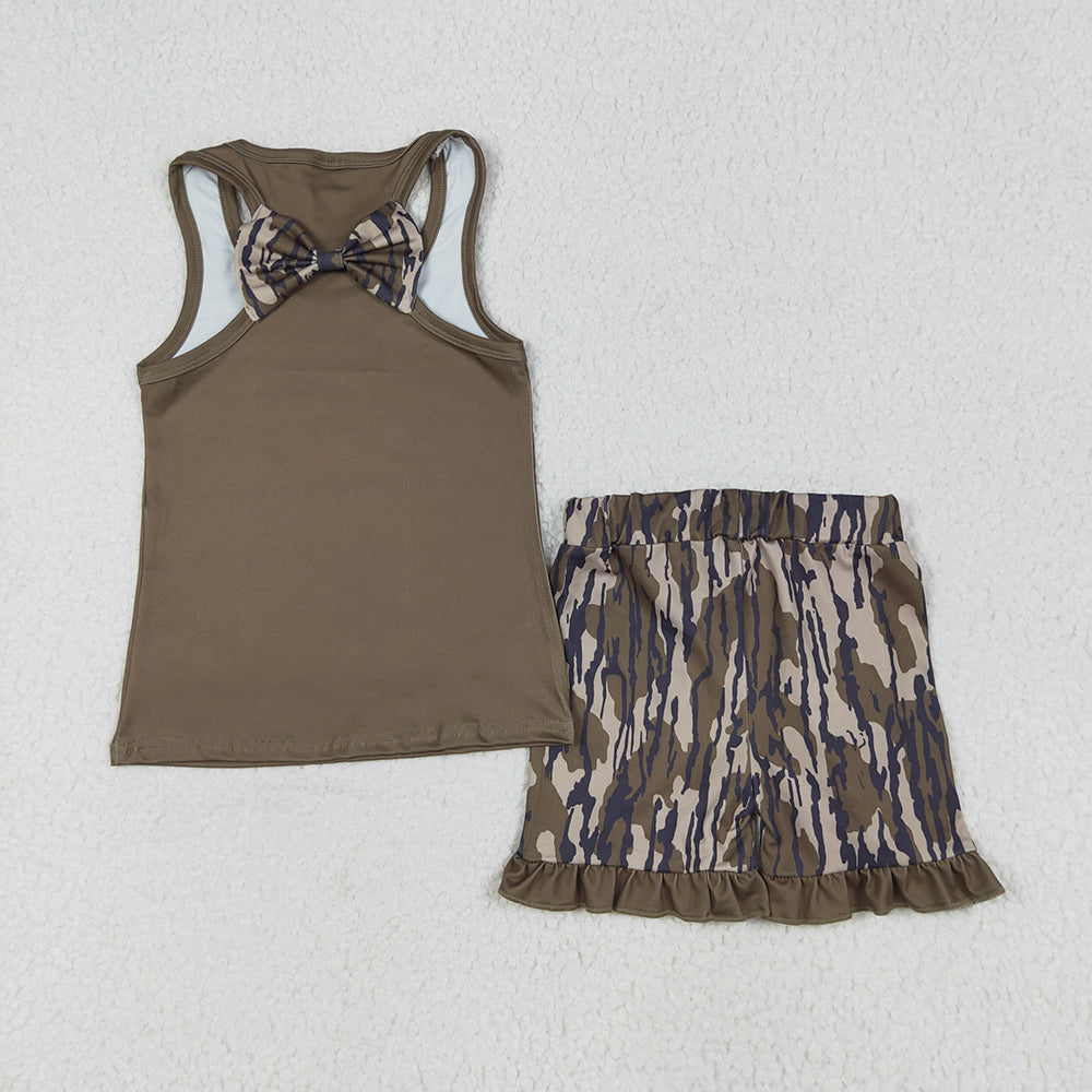7.05 GSSO1627RTS NO MOQ Baby Girls Summer Outfits Baby Girls Dark Green Bows Vest Ruffle Bottomland Camo Shorts Clothes Sets