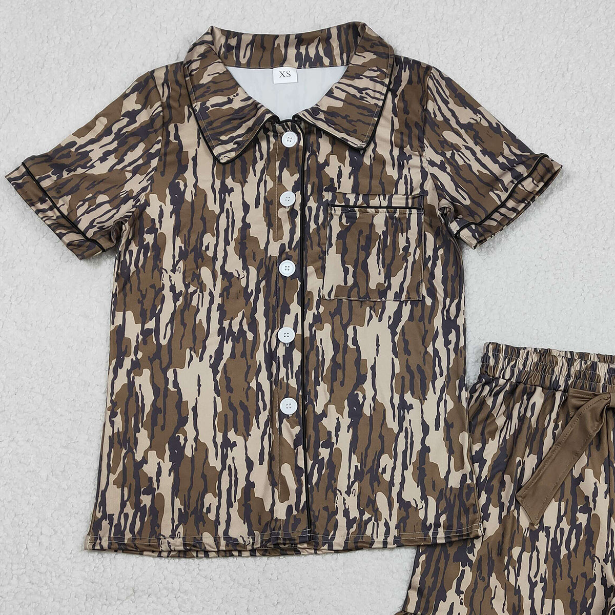 1.31 RTS NO MOQ （In stock）GSSO3136 Adult Women Southern Olive Camo Button Pocket Top Ruffle Shorts Pajamas Set