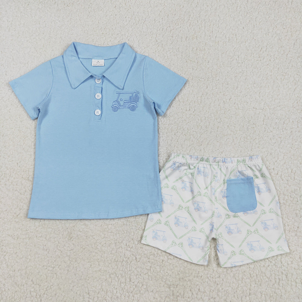 BSSO1494 RTS NO MOQ Baby Boys Summer Boys Outfits Embroidery Baby Boys Blue Short Sleeves Button Golf Top Pocket Short Set