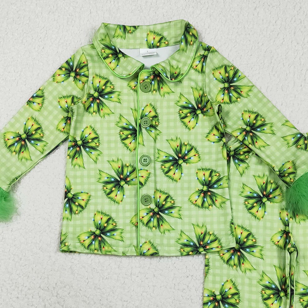 RTS NO MOQ （In stock）GLP2581 Baby Girls Winter Outfits Baby Girls Fur Sleeve Green Bows Plaid Button Top Pant Christmas Pajamas Set