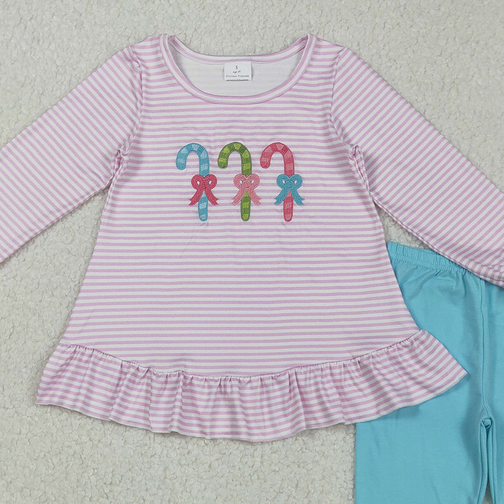 RTS NO MOQ （In stock）GLP2468 Baby Girls Winter Outfits Christmas Pink Stripe Candy Cane Tunic Legging Pants Sets