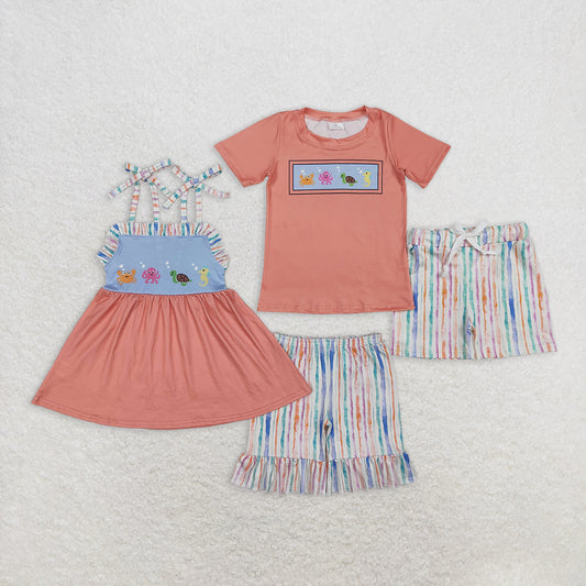 6.30  RTS NO MOQ Crab octopus turtle seahorse top shorts boys girls summer clothes