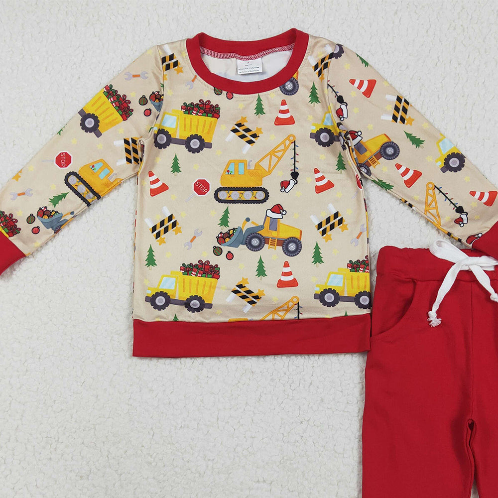 RTS NO MOQ （In stock）BLP1073 Baby Boys Winter Outfits Baby Boys Christmas Excavators Hats Top Pockets Legging Pant Sets