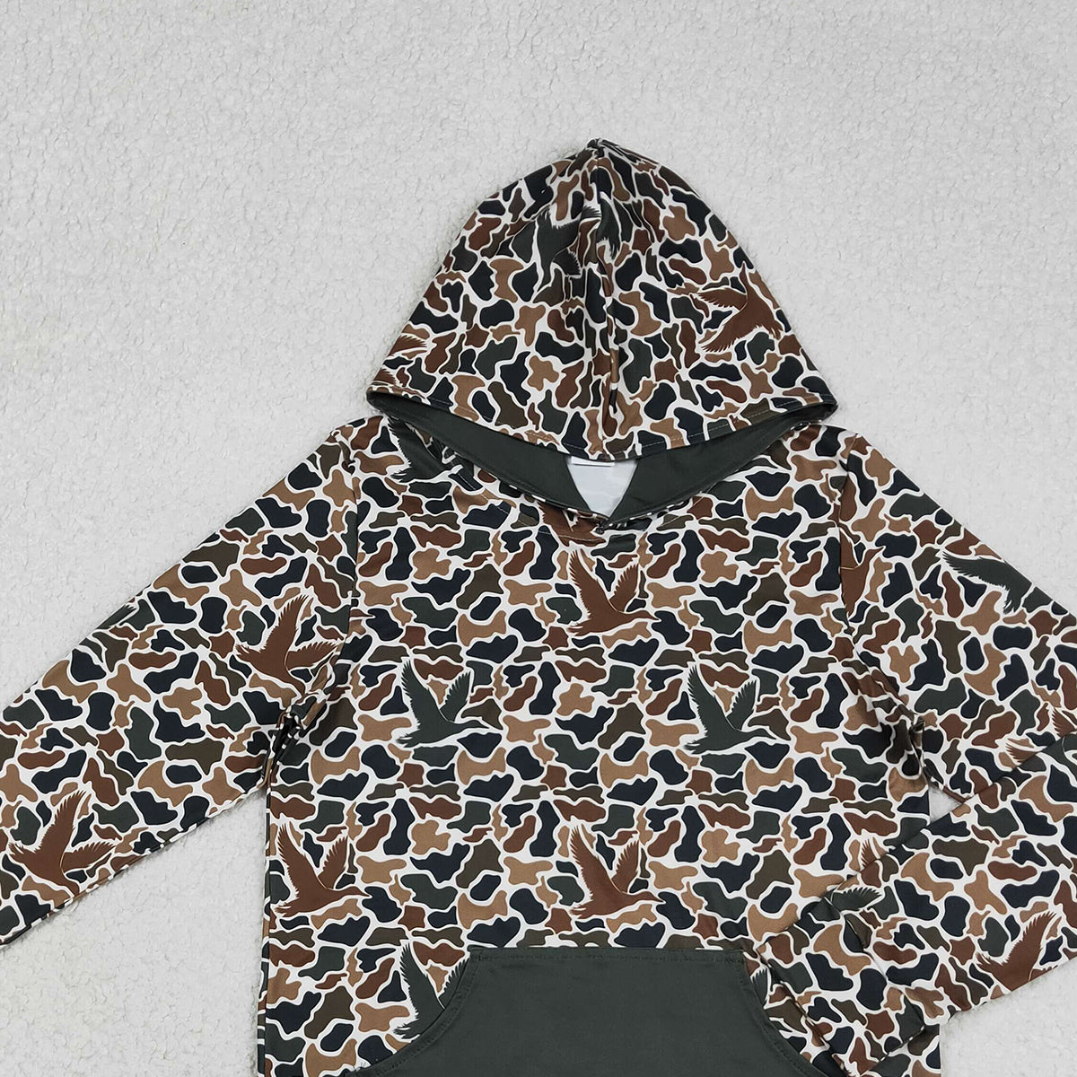 12.12 RTS NO MOQ （In stock）BT1472 Adult Men Dark Brown Ducks Camo Pocket Southern Hunting Hoodies Top