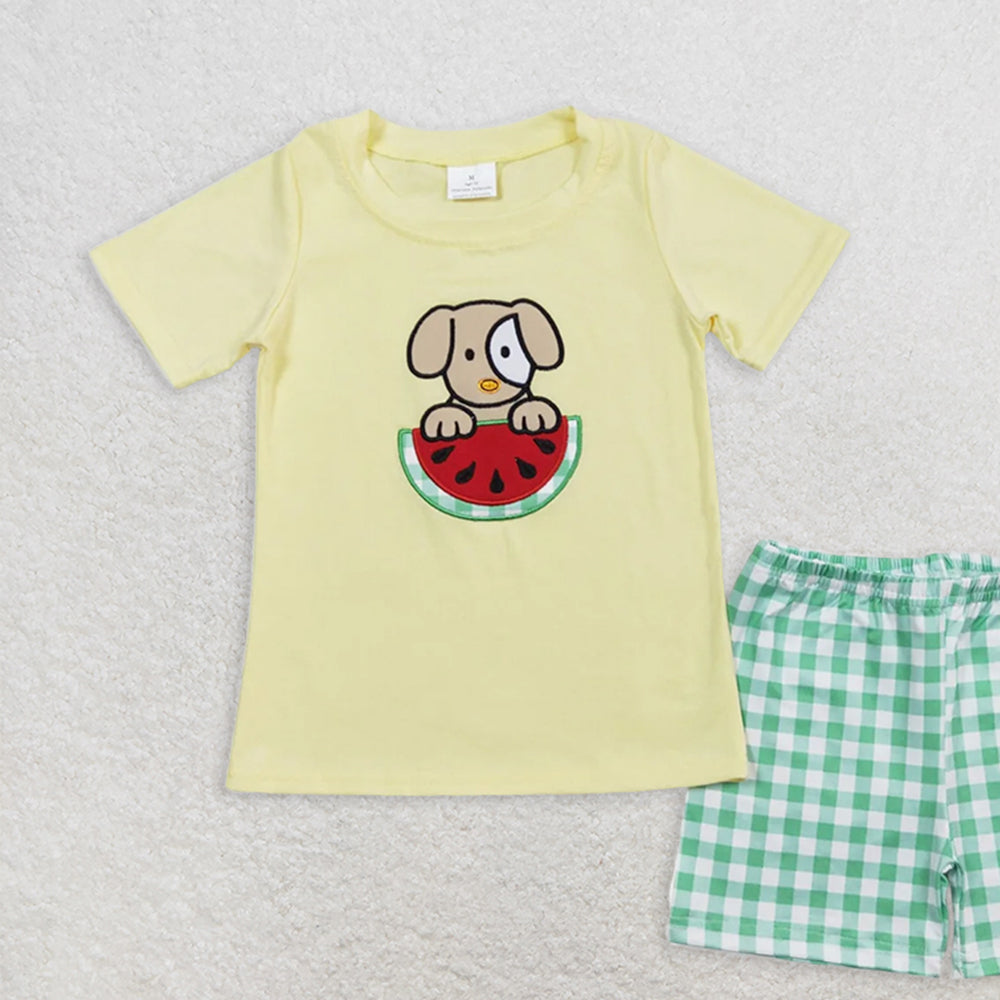 BSSO0446RTS NO MOQ Baby Boys Summer Boys Outfits  Dog watermelon top green shorts boys summer outfits