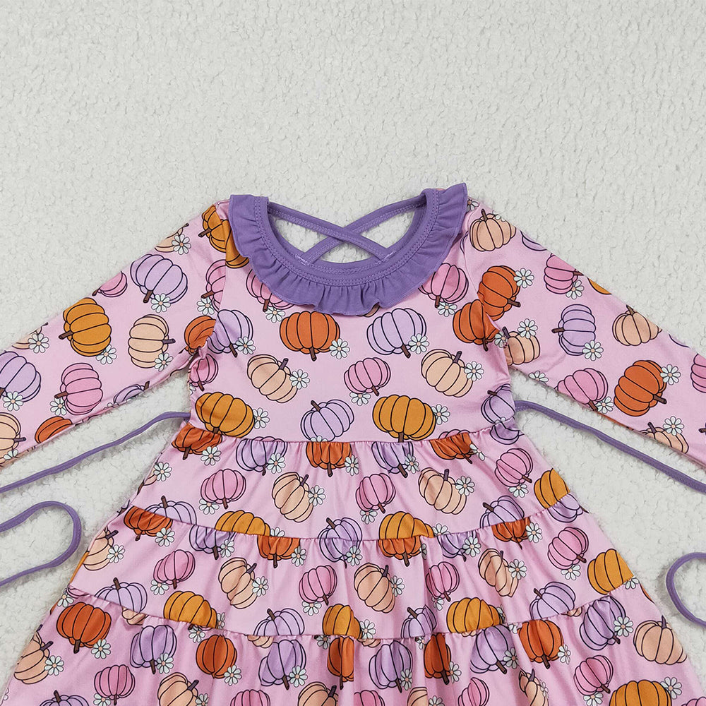 8.22 RTS NO MOQ （In stock）GLD1032 Baby Girls Winter Dress Baby Girls Pink Flowers Pumpkins Fall Knee Length Dresses With Belt