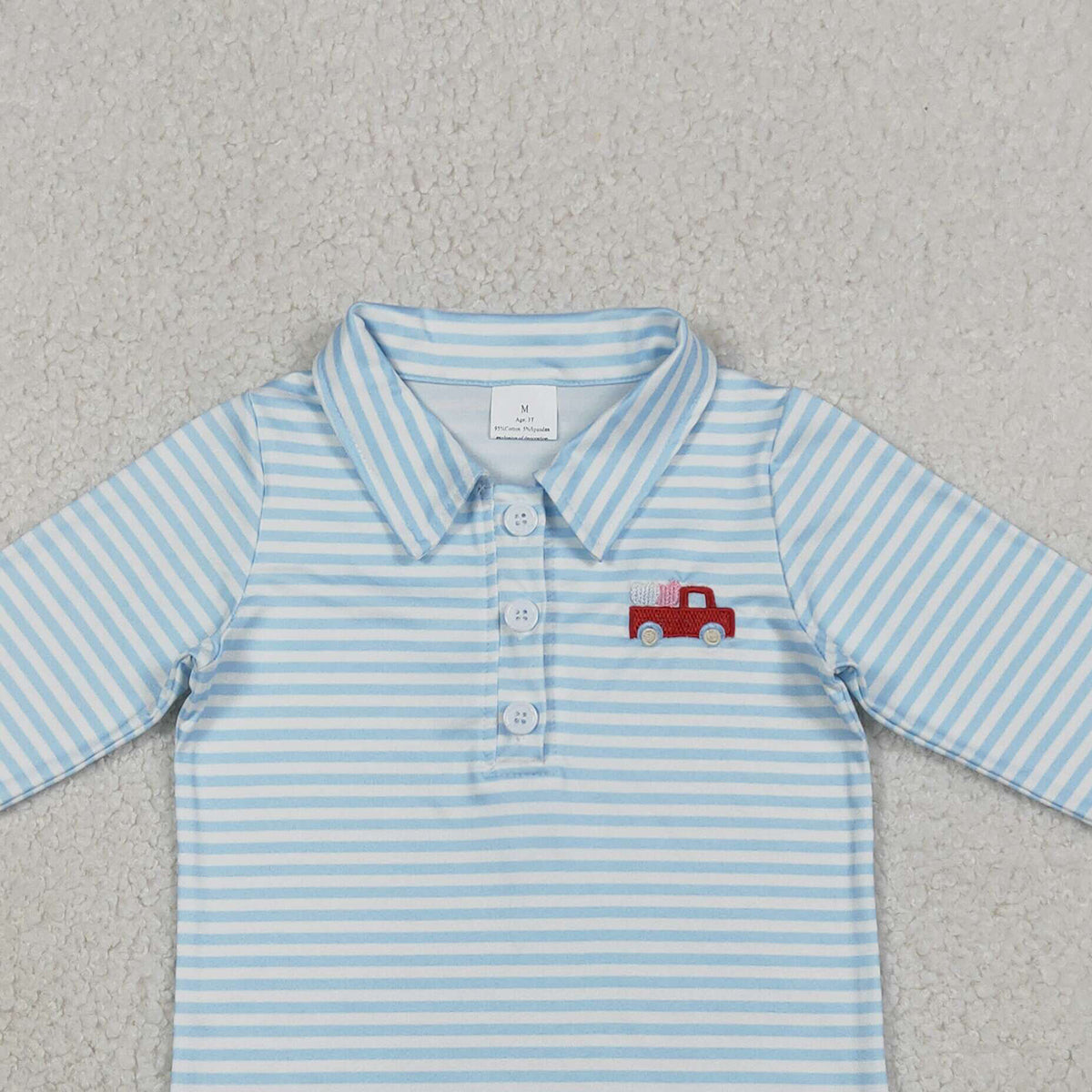 1.15 RTS NO MOQ （In stock）BT1573 Embroidery Heart Trucks Baby Boys Blue Stripe Valentines Button Polo Shirts Top