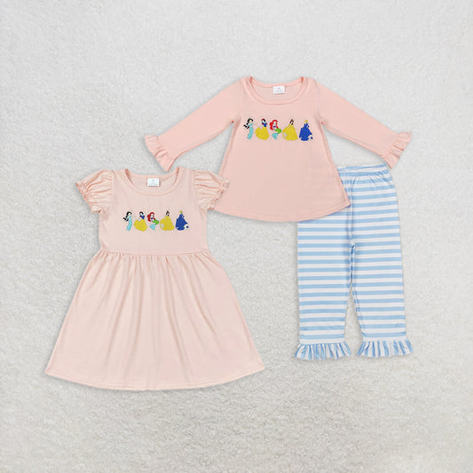 8.11   RTS NO MOQPink princess tunic stripe ruffle pants girls clothing set dress