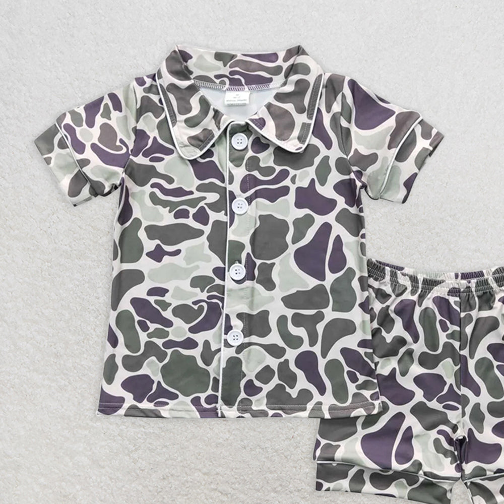 BSSO0332RTS NO MOQ Baby Boys Summer Pajamas Outfits   Baby Boys Light Green Camo Buttons Shirt Shorts Summer Pajamas Clothes Sets