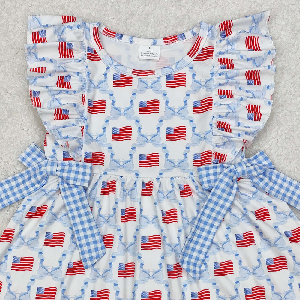 GSD1641Light Blue Plaid Bow Flag 4th of July Dress for Kids Girls Cute Patriotic Plaid Skirt with Bow Detail