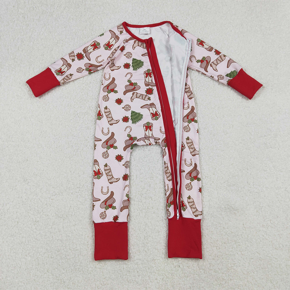 RTS NO MOQ （In stock） LR2584 Baby Girls Winter Rompers Holly Boots Christmas Zipper Footie Rompers
