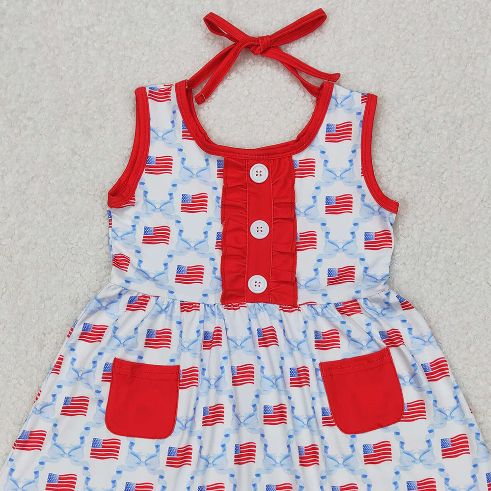 GSD1625 RTS NO MOQ Sleeveless bow flag baby girls 4th of july dresses